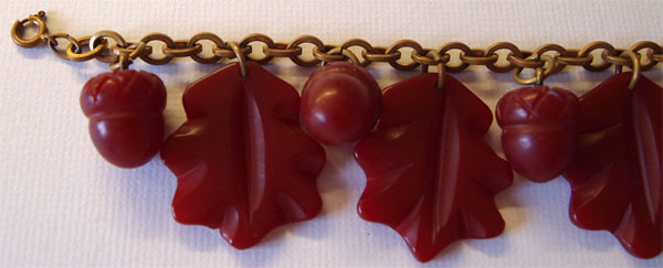 1940's bakelite charm bracelet with carved bakelite oak leaves and acorns