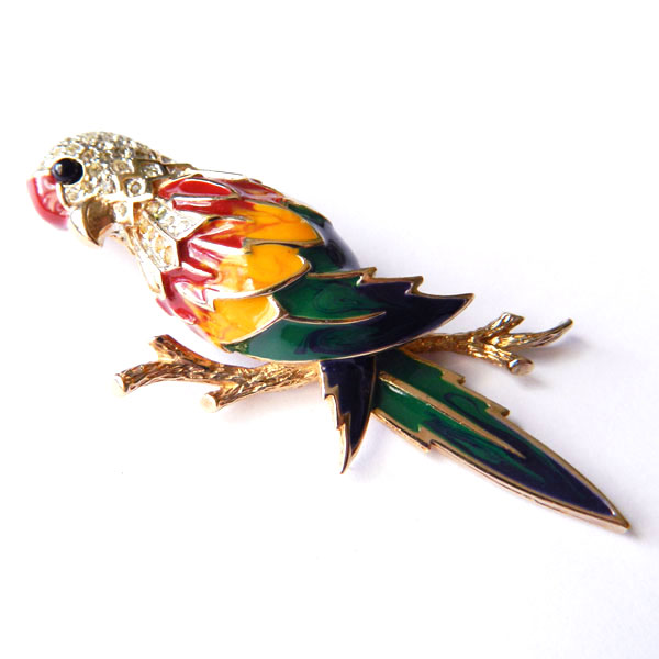 Enameled parrot brooch