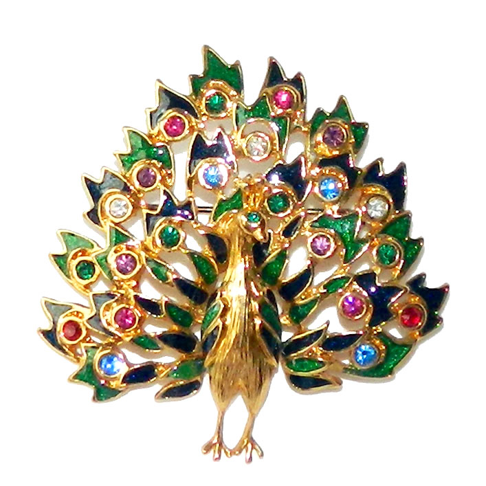 Enameled peacock brooch