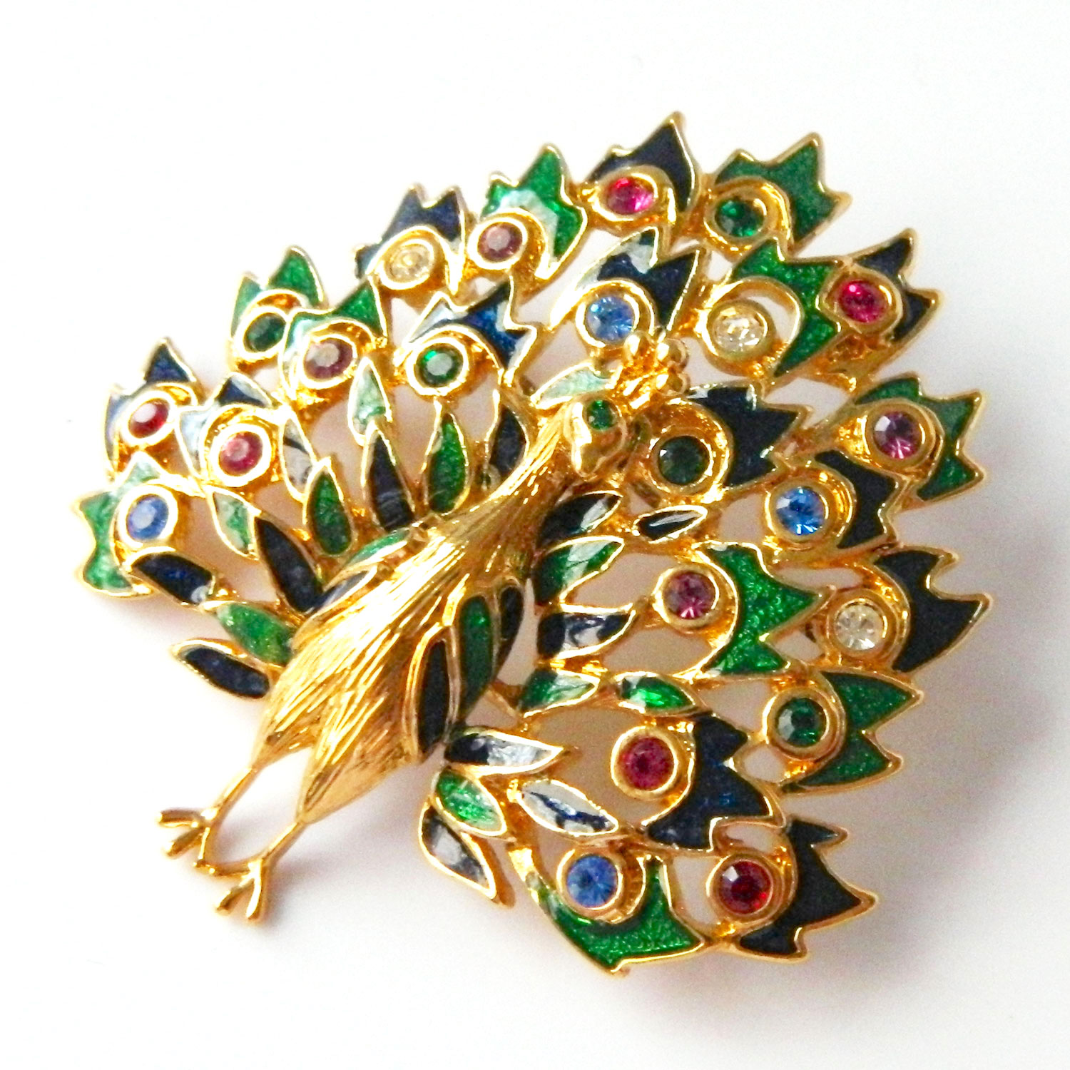 Enameled peacock brooch