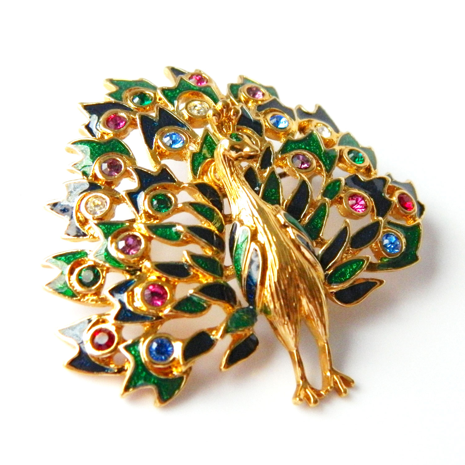 Enameled peacock brooch