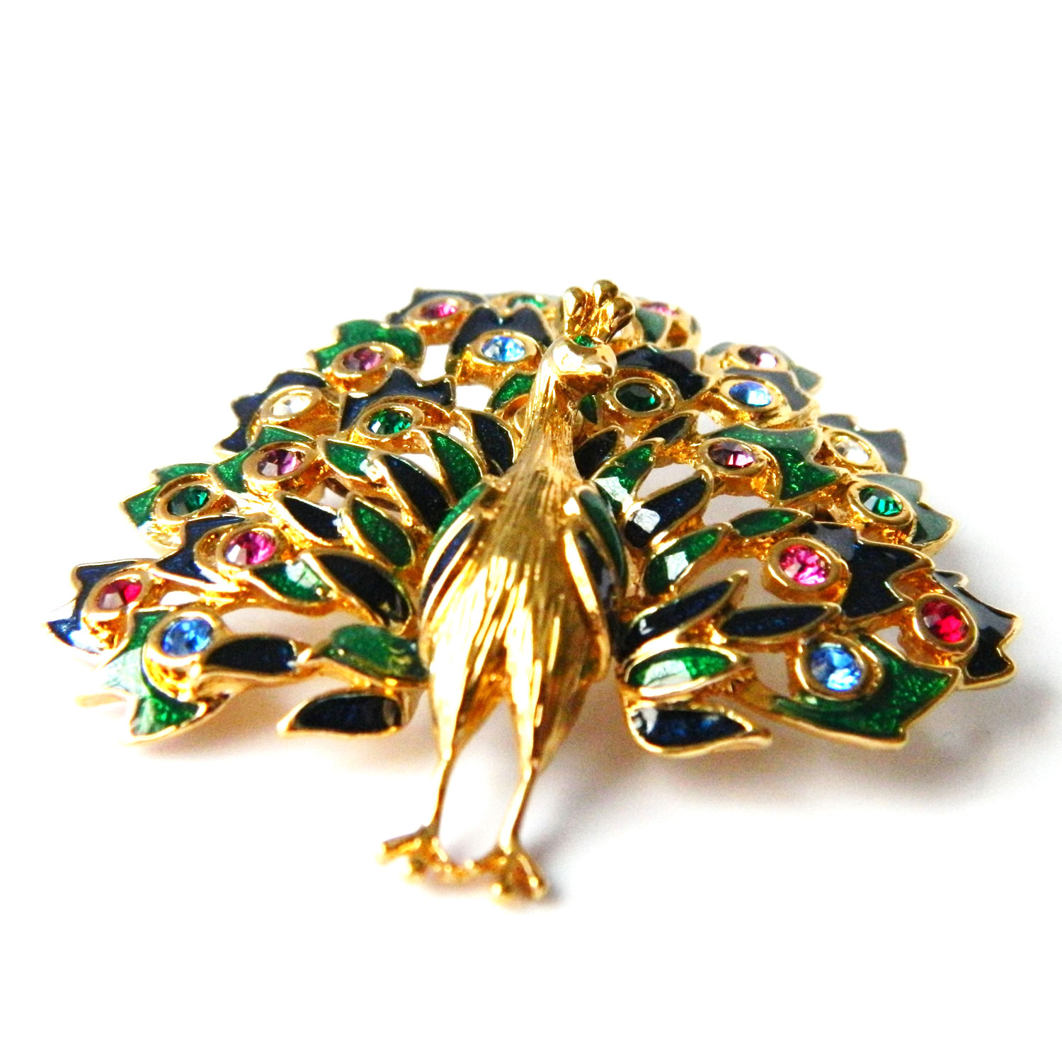 Enameled peacock brooch