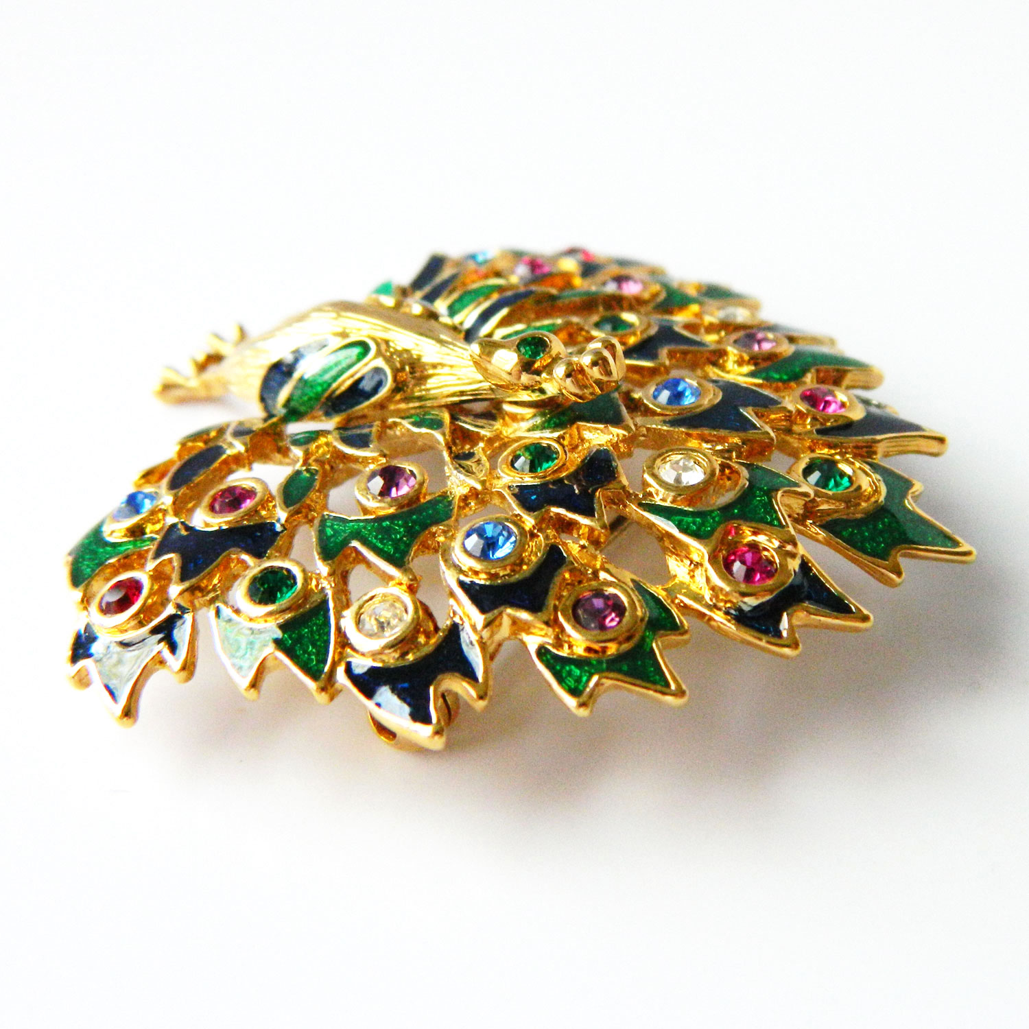 Enameled peacock brooch