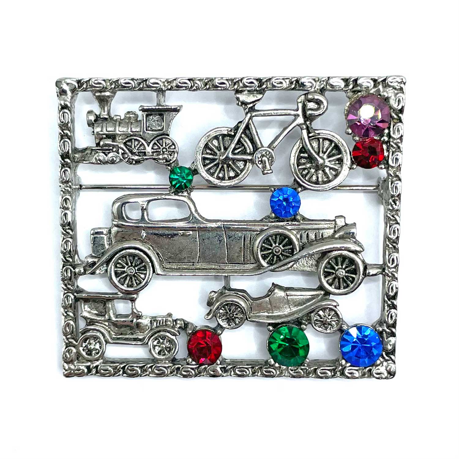 1980s Transportation themed rhinestone brooch