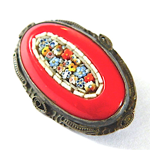 Italian pietra dura silver brooch