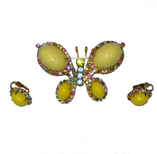 1960's rhinestone butterfly brooch and earring set 