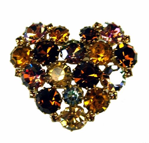 1950s Karu amber rhinestone heart brooch