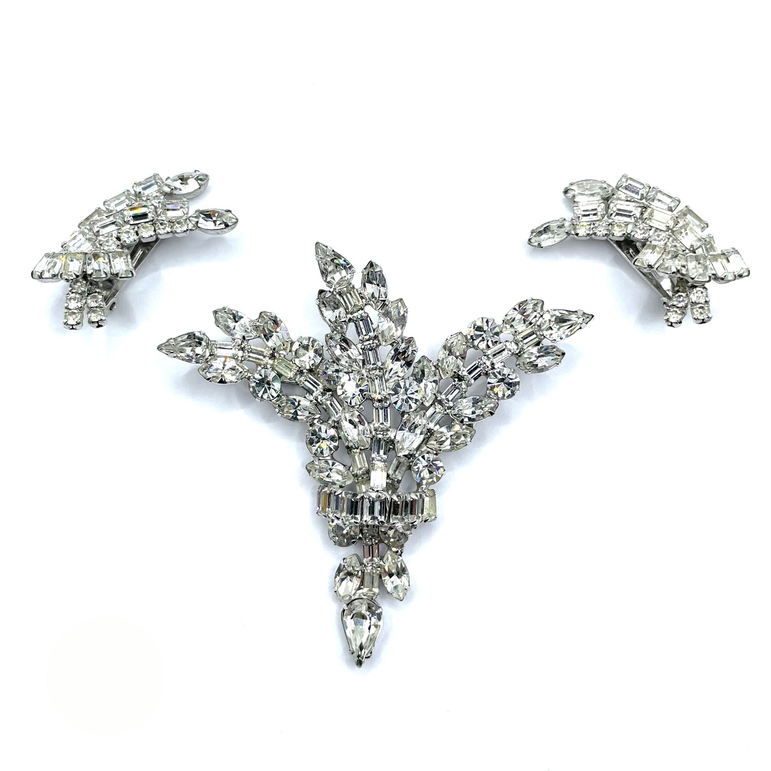 1950s crystal rhinestone brooch and earring set