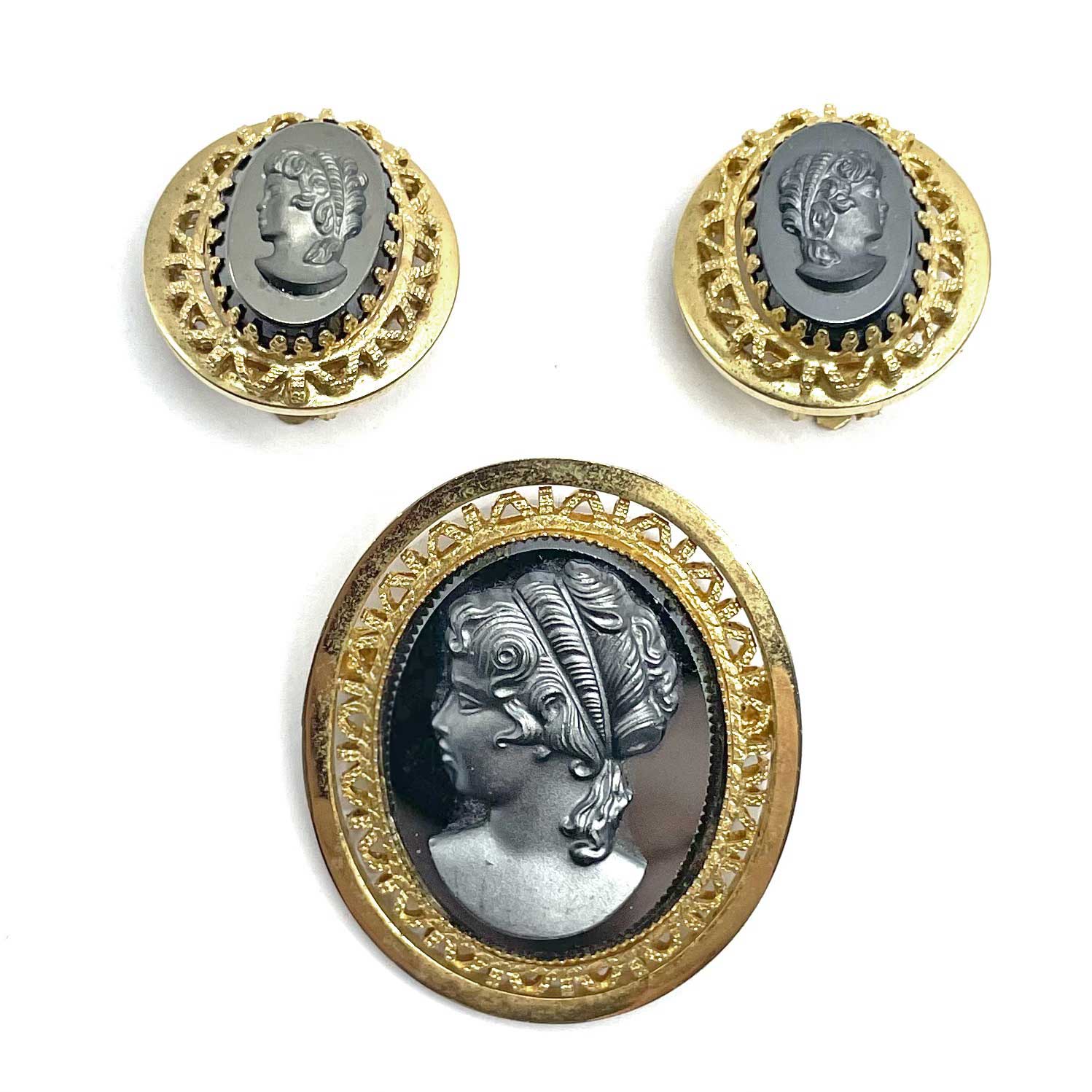 Cameo brooch and earring set
