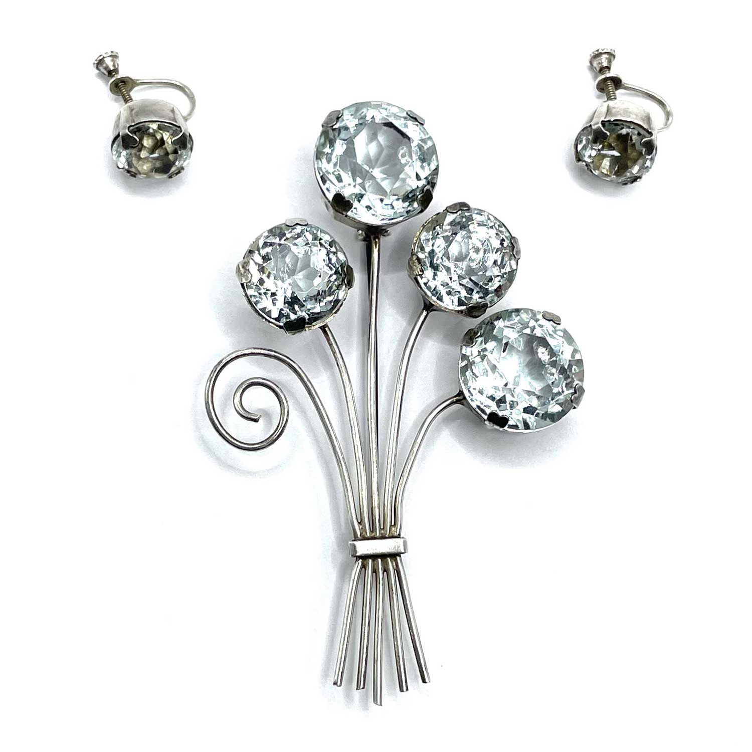 1940s sterling flower brooch and earring set