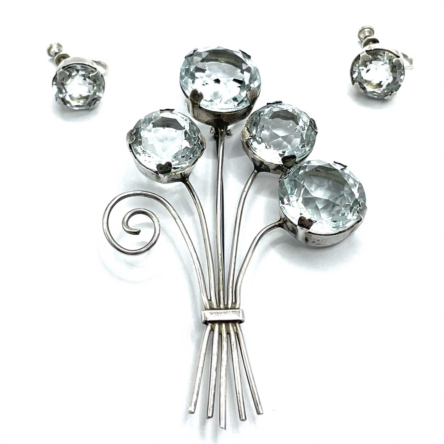 1940s sterling flower brooch and earring set