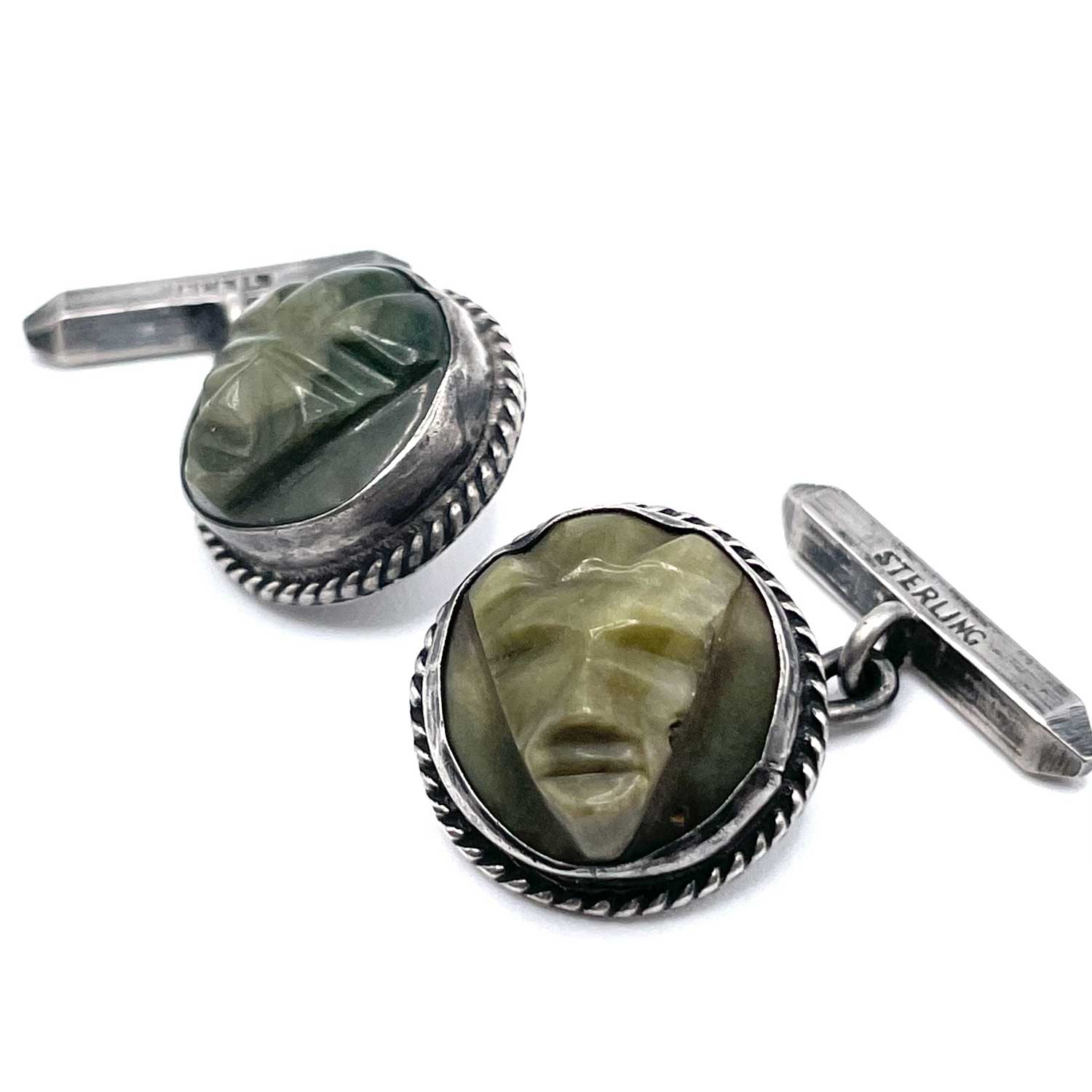 Mexican silver carved stone cufflinks