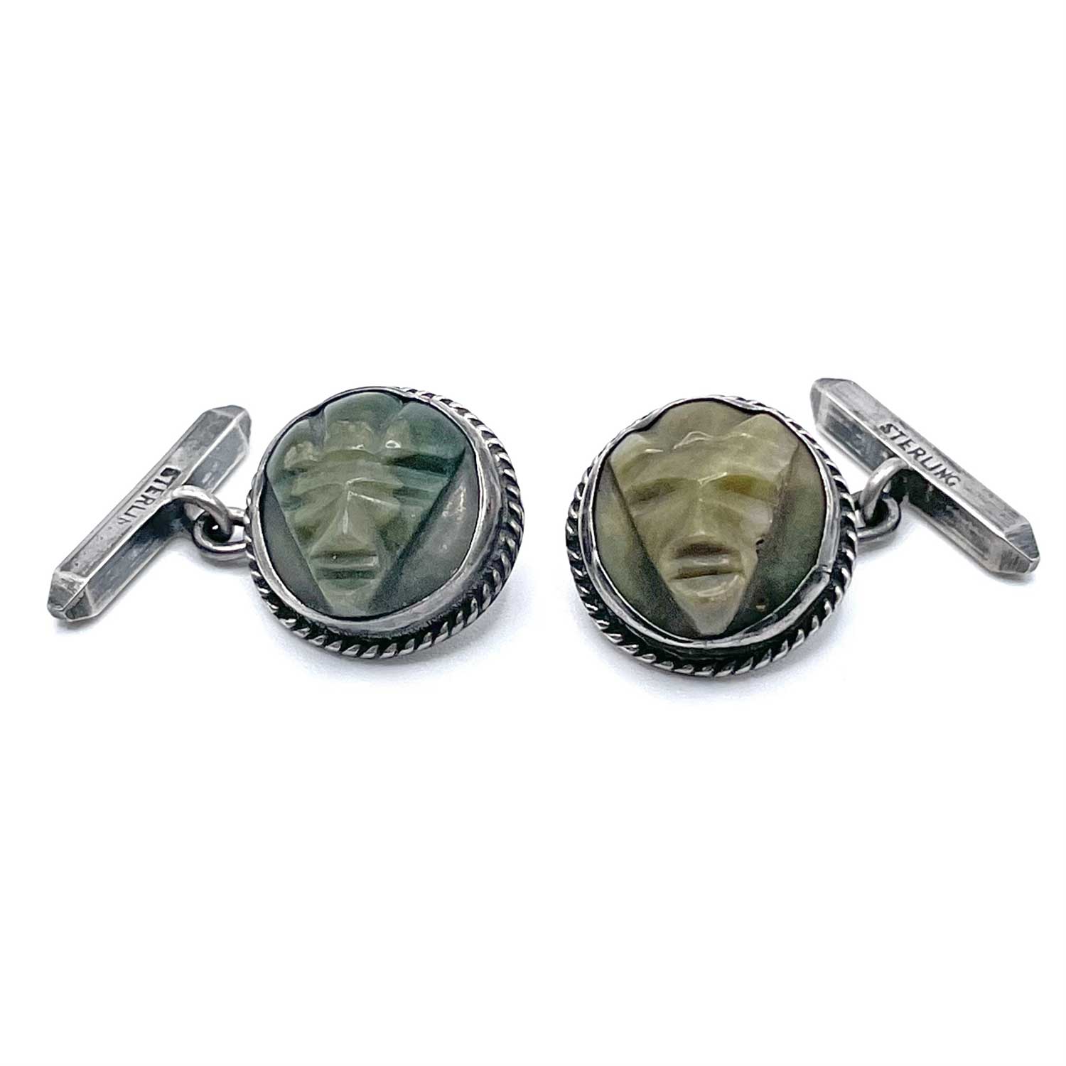 Mexican silver carved stone cufflinks