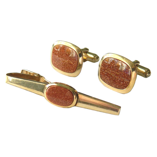 Goldstone cufflink and tie clip set