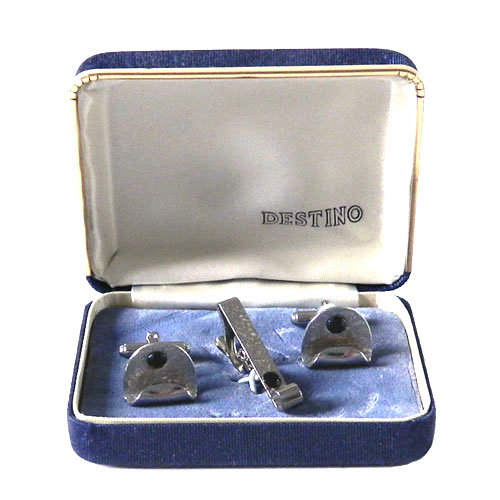 Vintage silver and black cufflinks and tie clip set