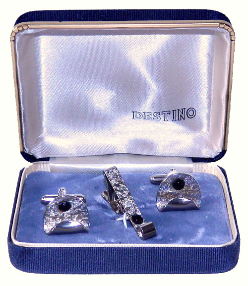 Vintage silver and black cufflinks and tie clip set