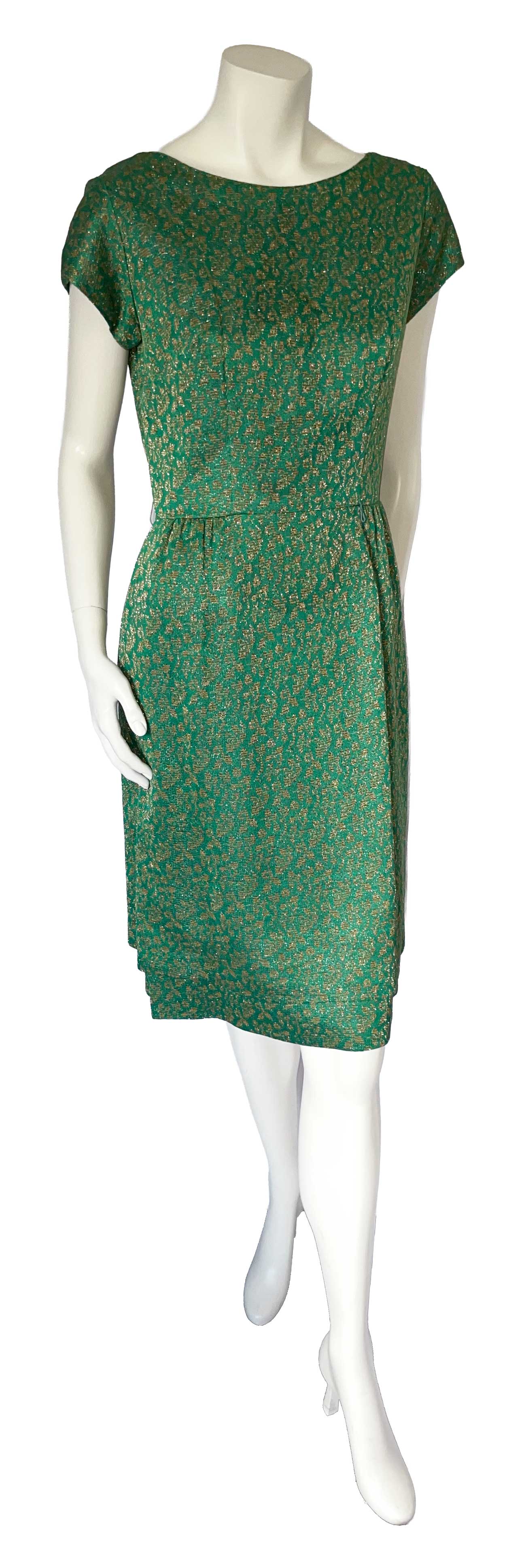 1960s green and gold metalic thread dress