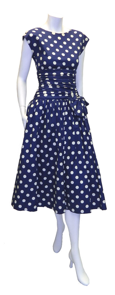 1980's 1950's style blue and white polka dot dress