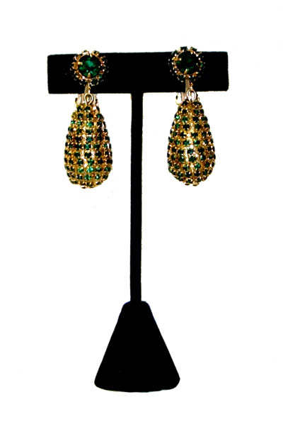 1950's green rhinestone drop clip earrings