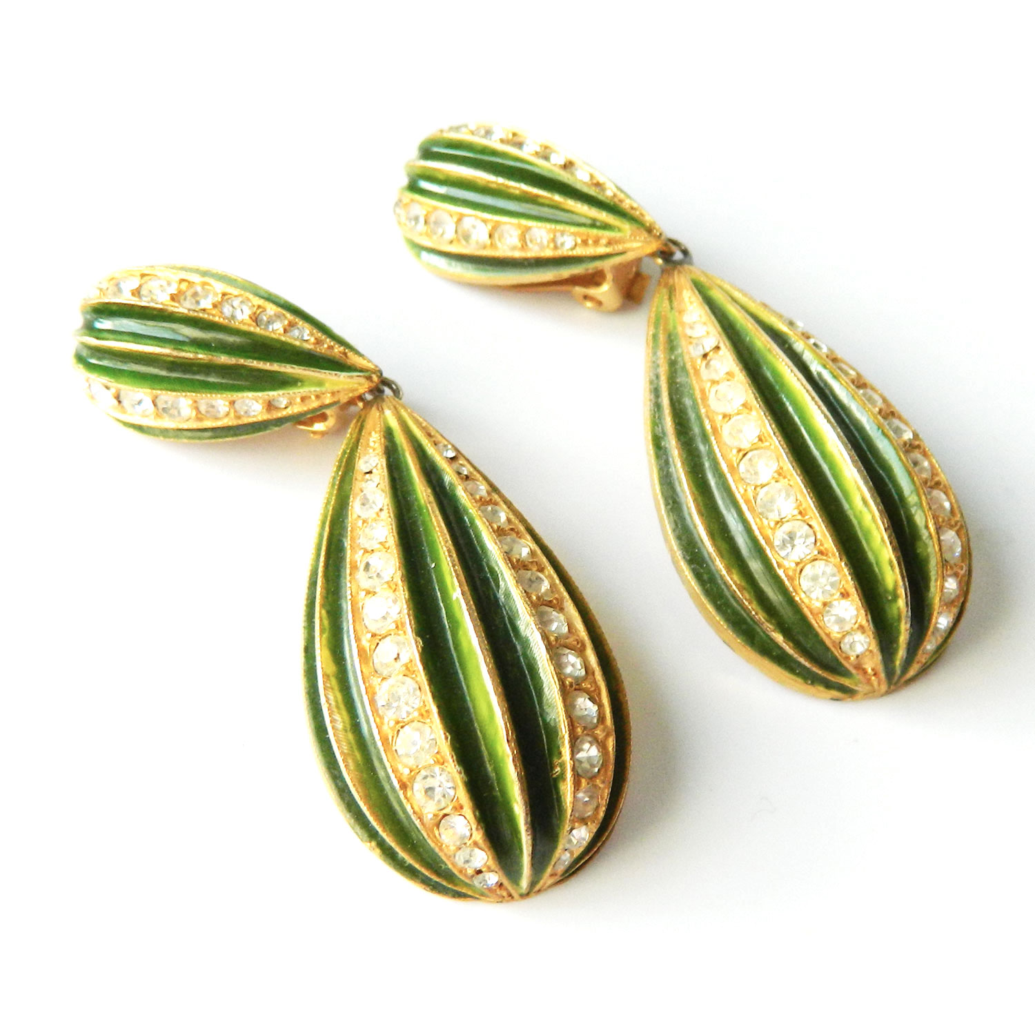 Green enameled rhinestone drop earrings