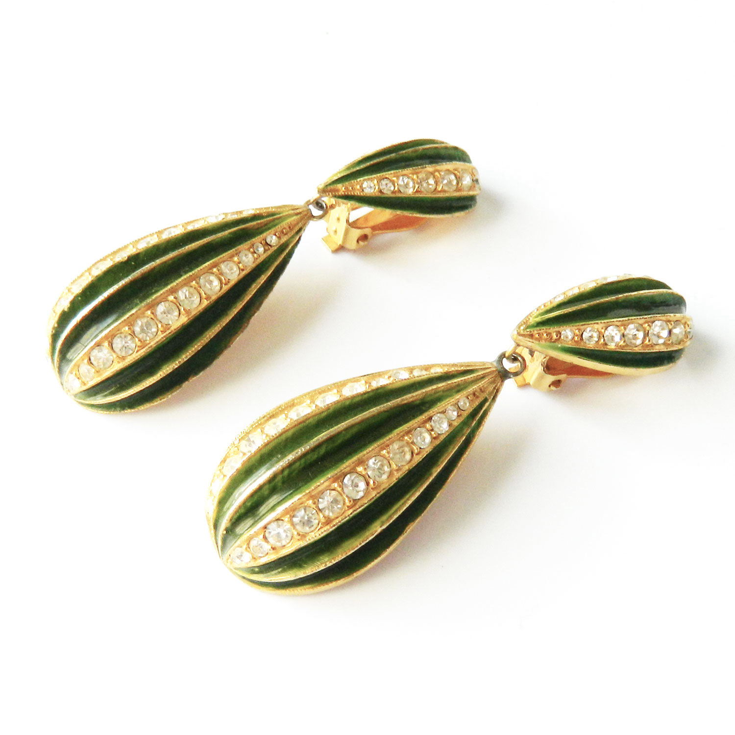 Green enameled rhinestone drop earrings