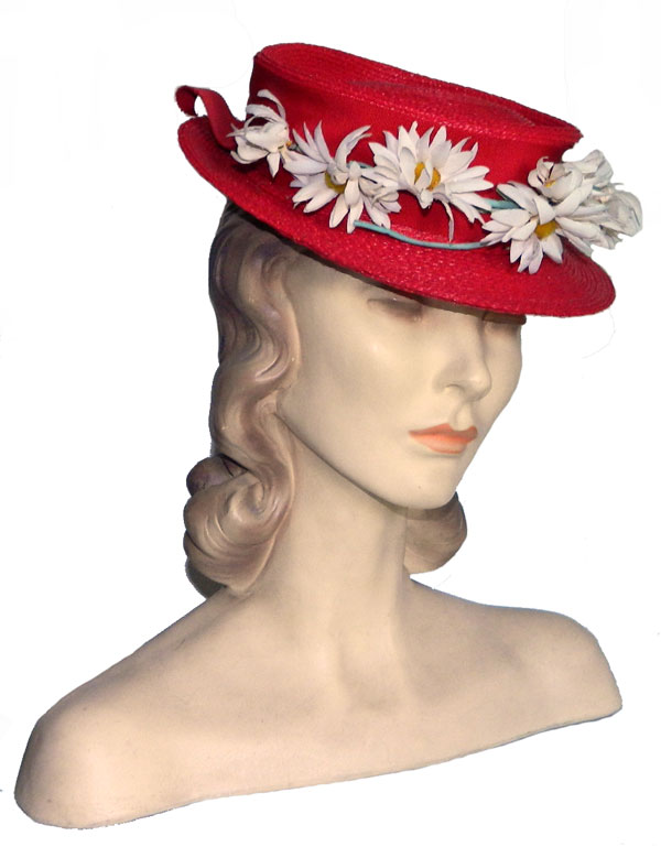 1950's red straw daisy hat