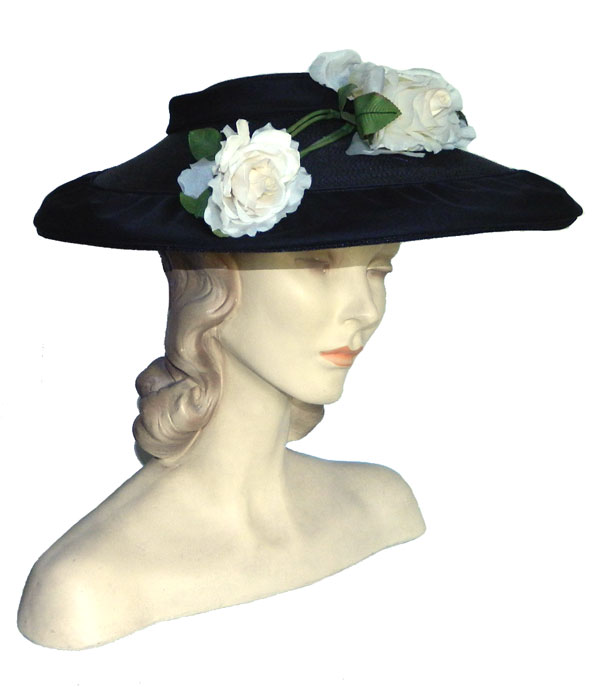 1950's black straw hat with roses