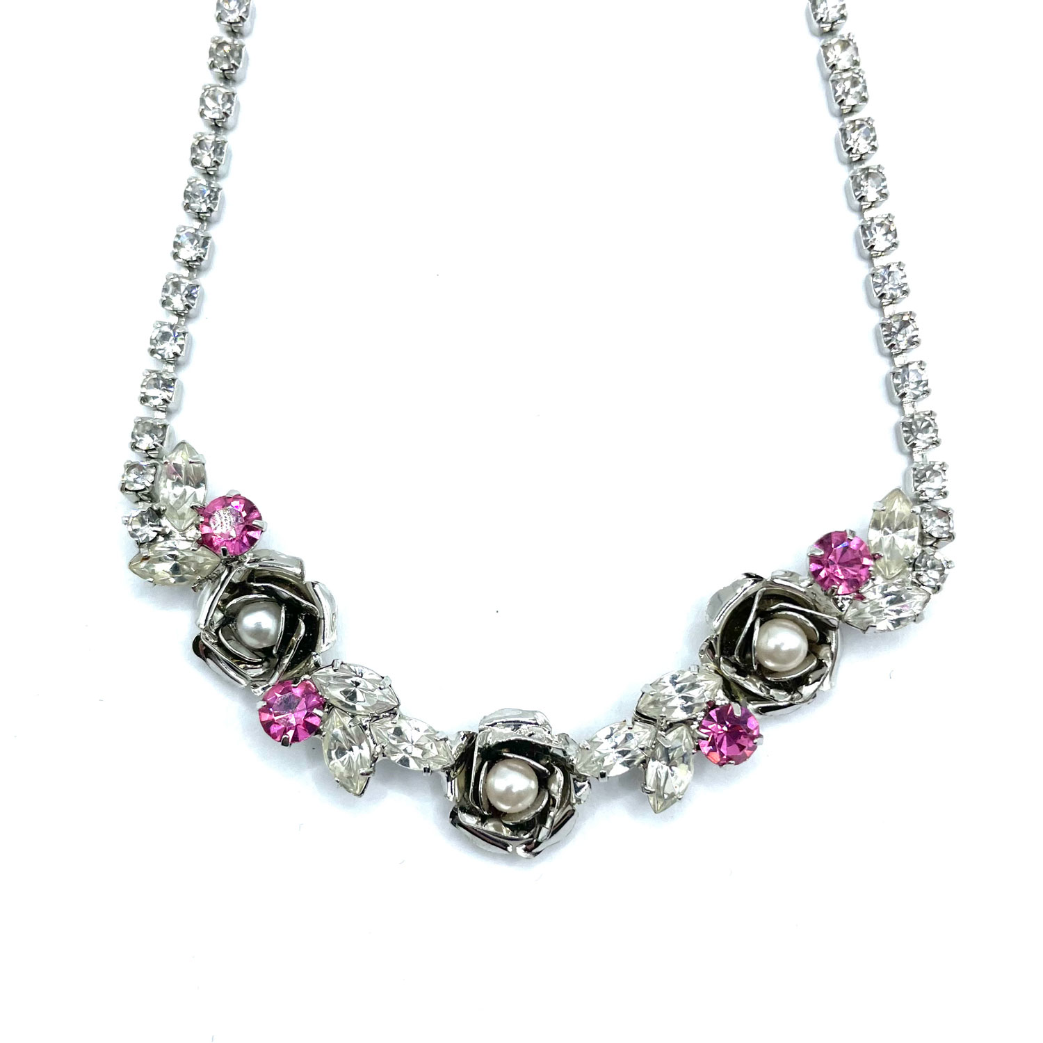 Pink rose rhinestone necklace