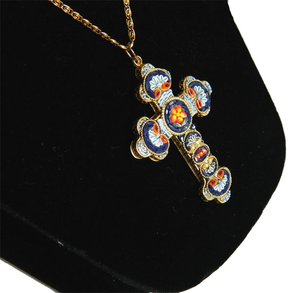 Italian micromosaic cross pendant necklace