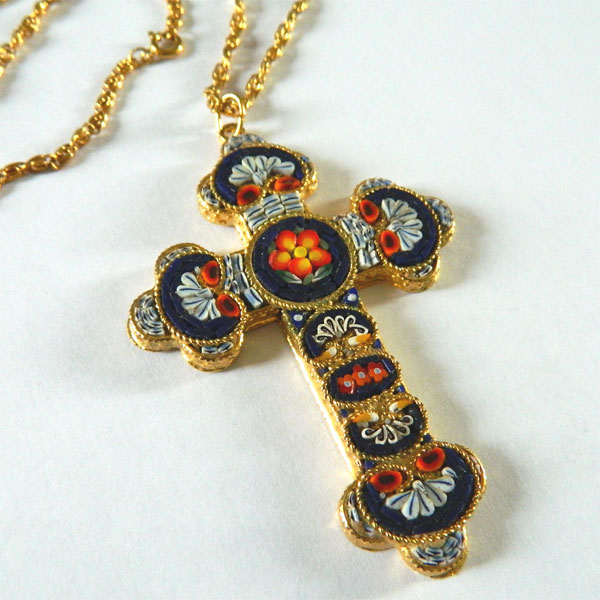 Italian micromosaic cross pendant necklace