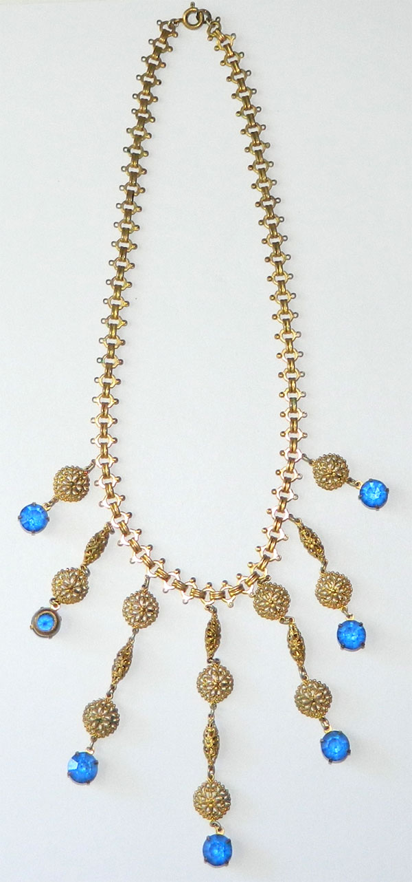 Antique blue rhinestone bib necklace