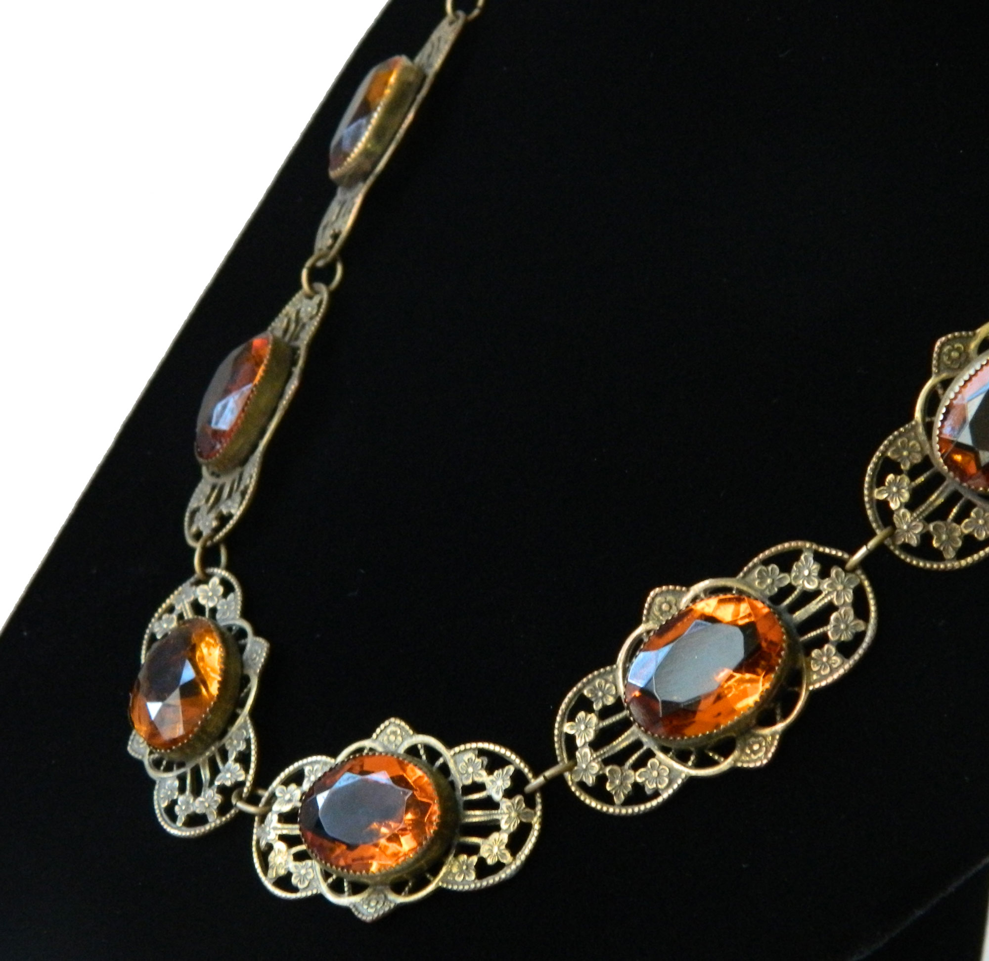 Czech Amber Glass Open Backed Rhinestone Necklace