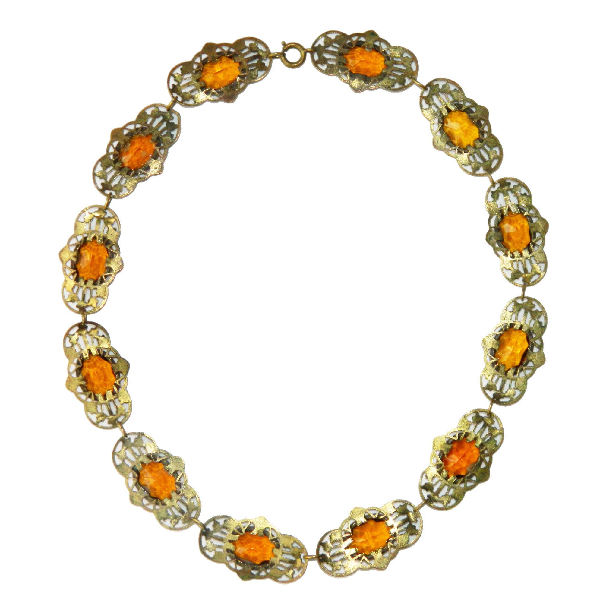 Czech Amber Glass Open Backed Rhinestone Necklace