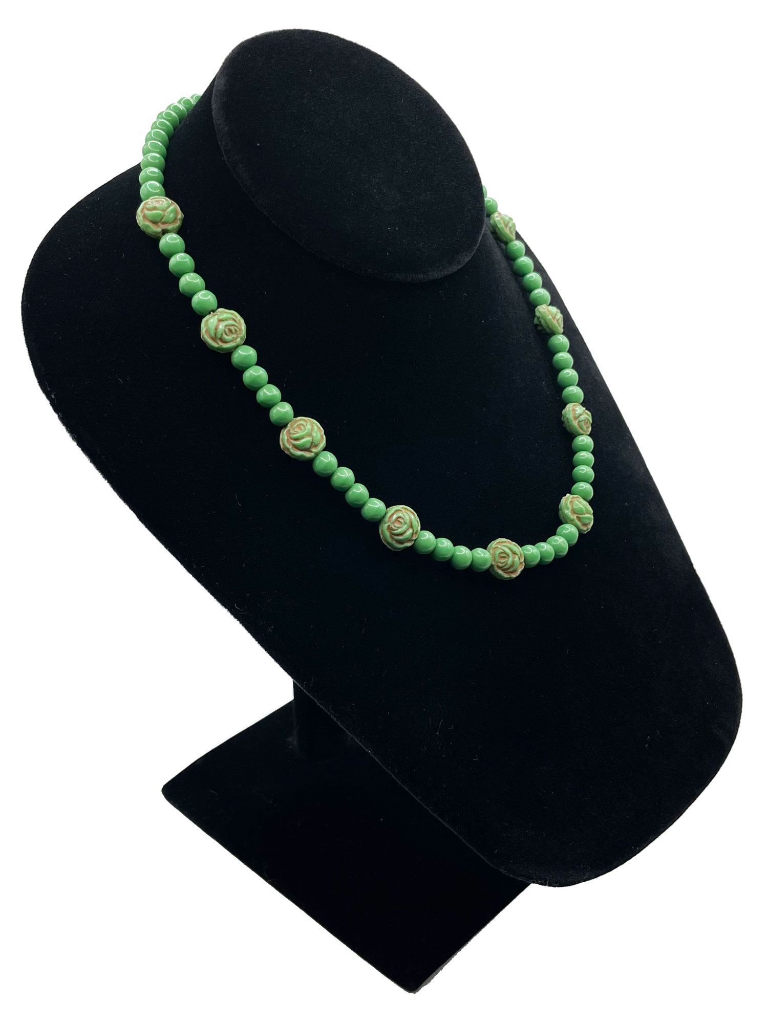 Green glass rose bead necklace