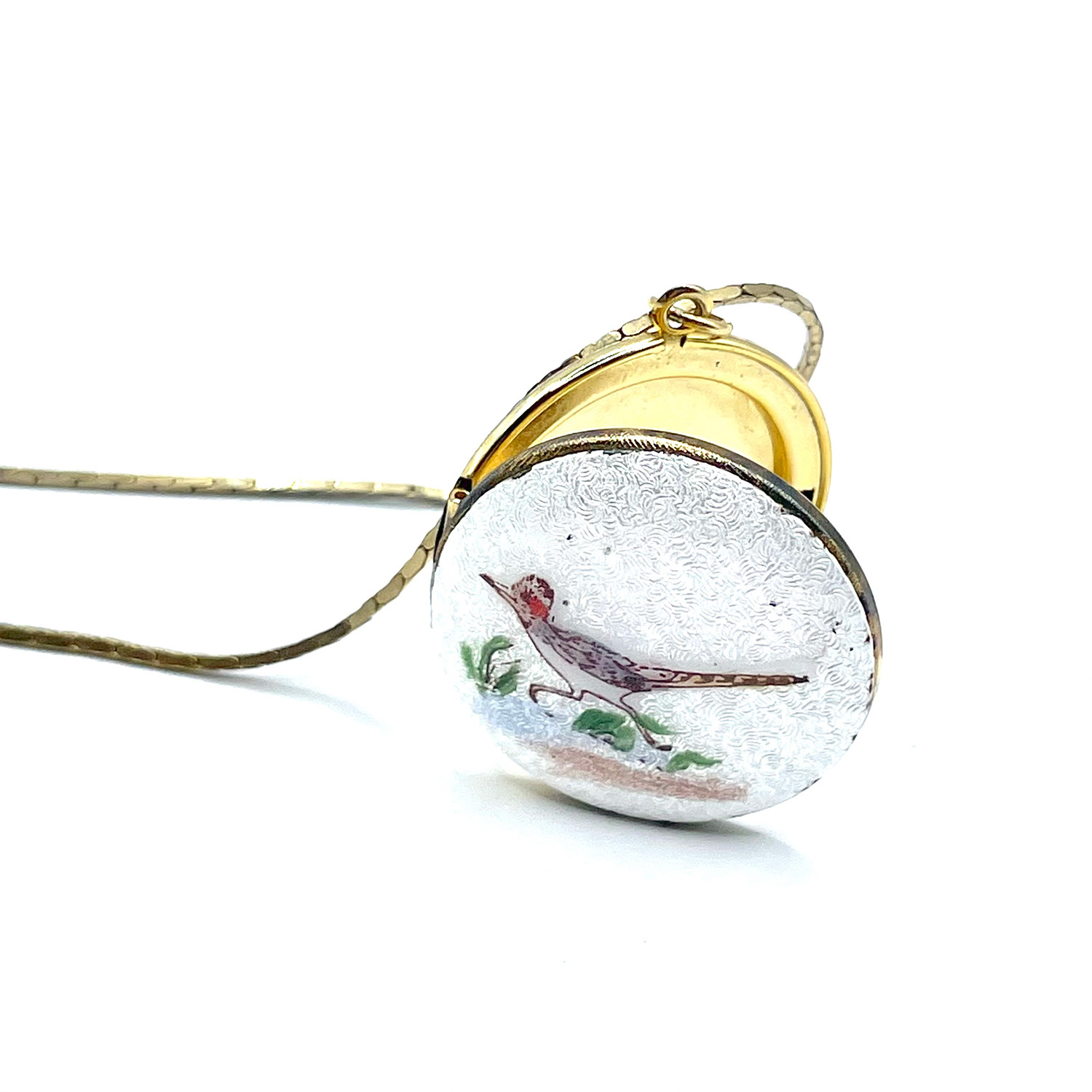 Enameled roadrunner locket pendant necklace