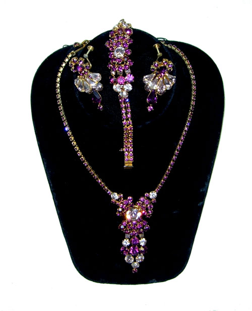Vintage 1950's purple rhinestone necklace, earring and bracelet set