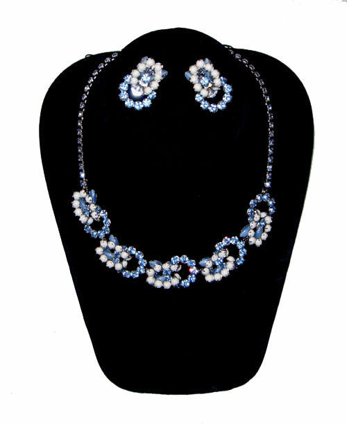 1950's Vintage blue and white rhinestone necklace and earring set