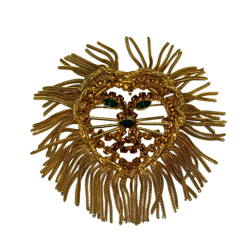 vintage lion head rhinestone brooch