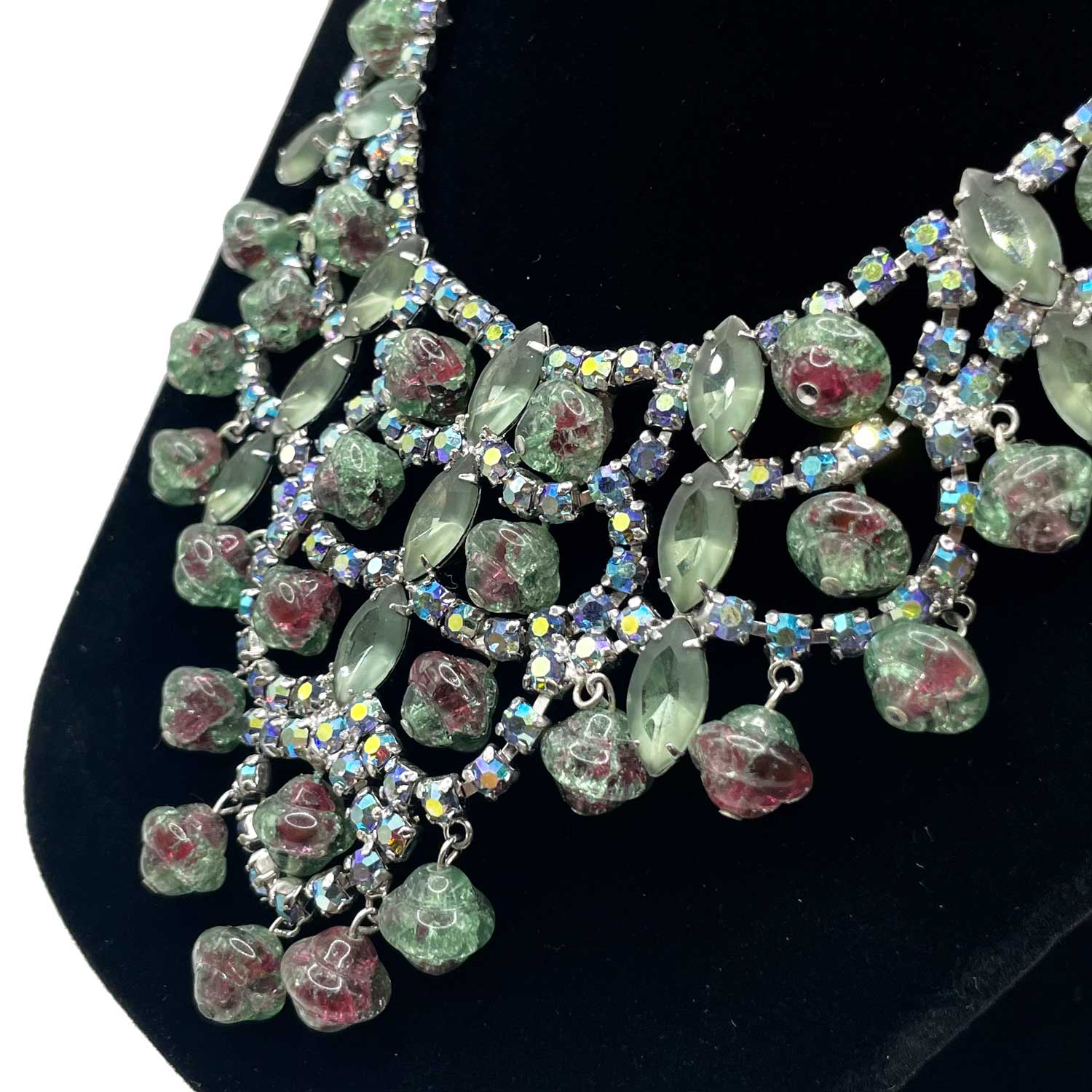Green rhinestone demi parure runway necklace