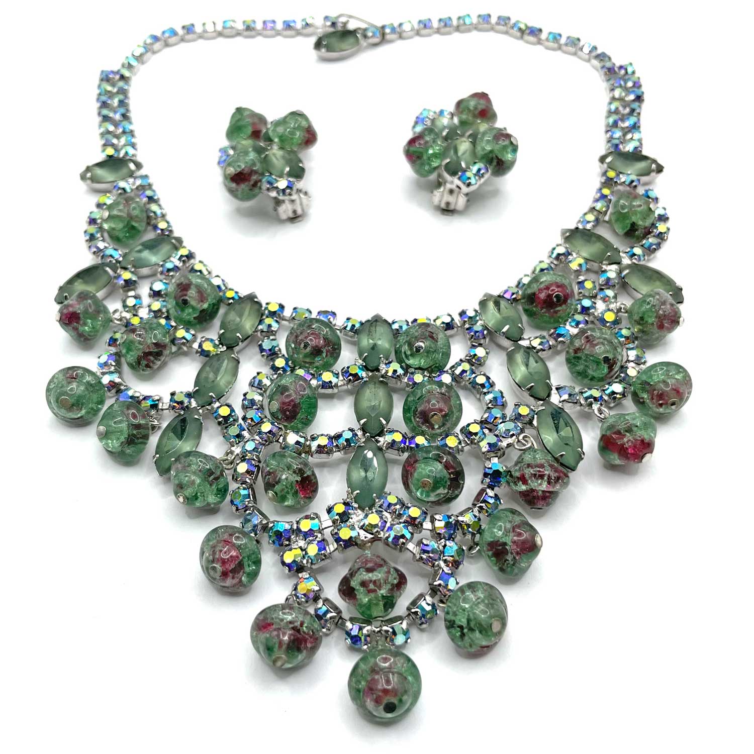 Green rhinestone demi parure runway necklace