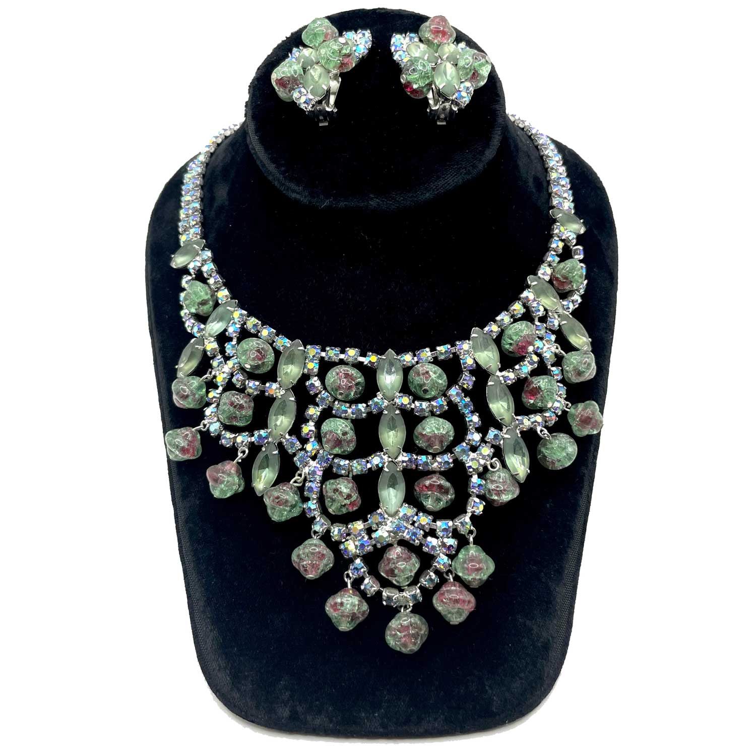 Green rhinestone demi parure runway necklace