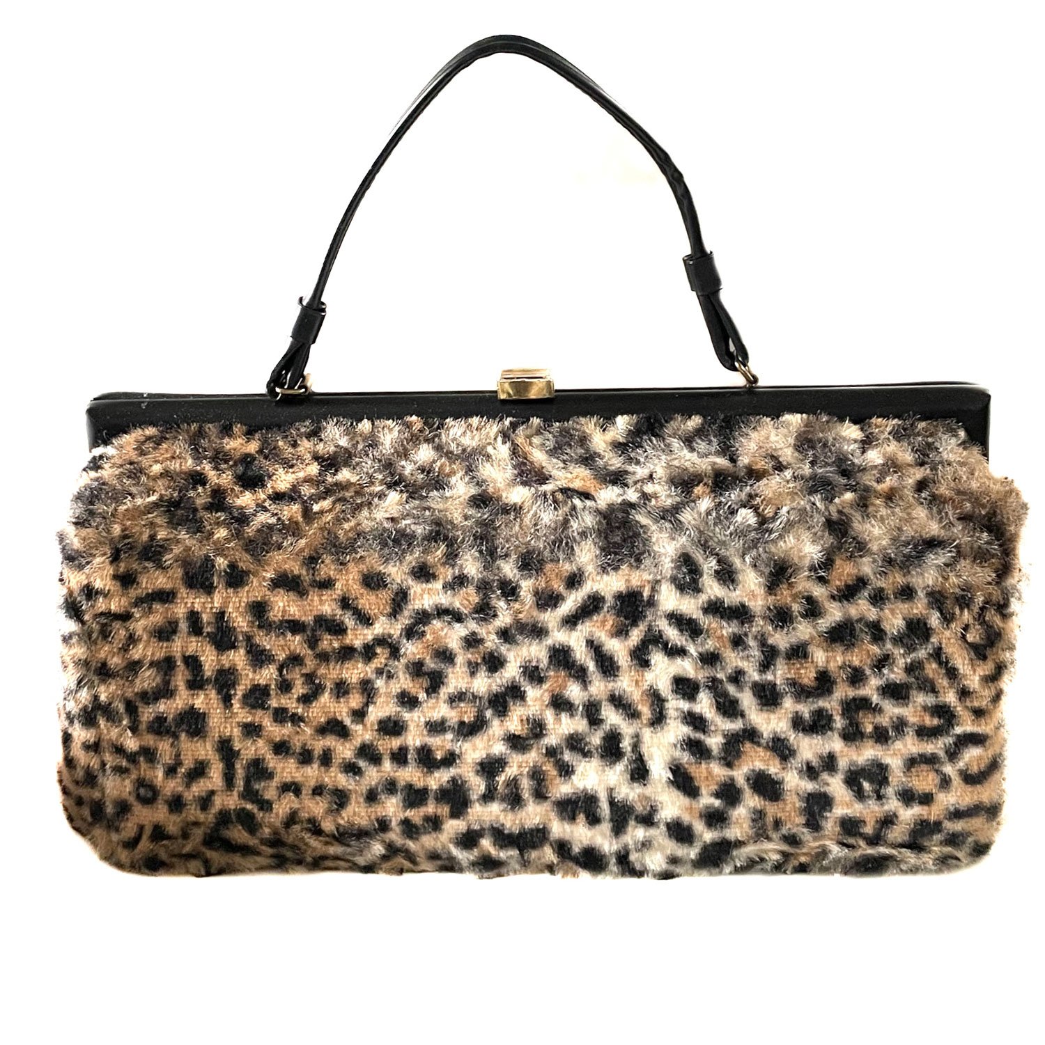 Faux leopard fur top handle purse