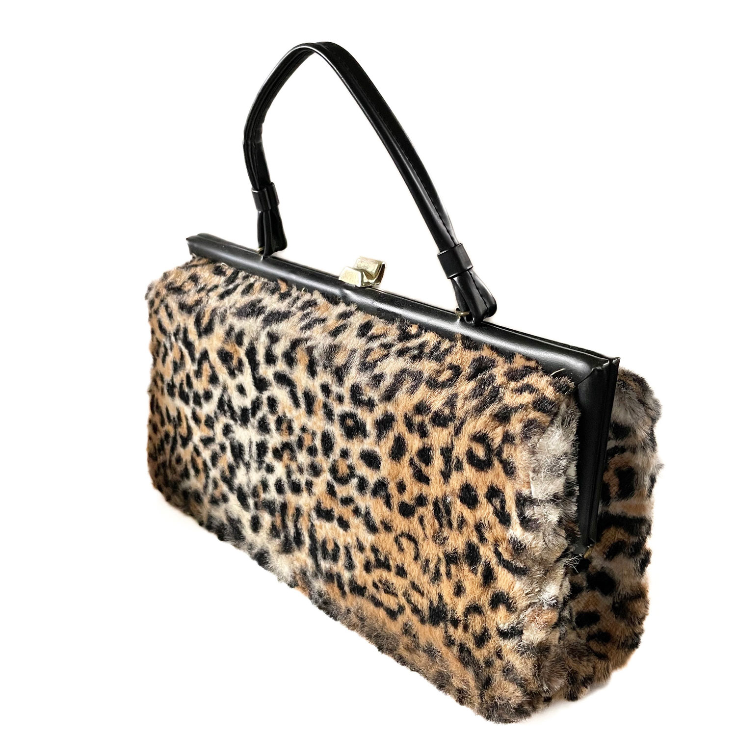 Faux leopard fur top handle purse