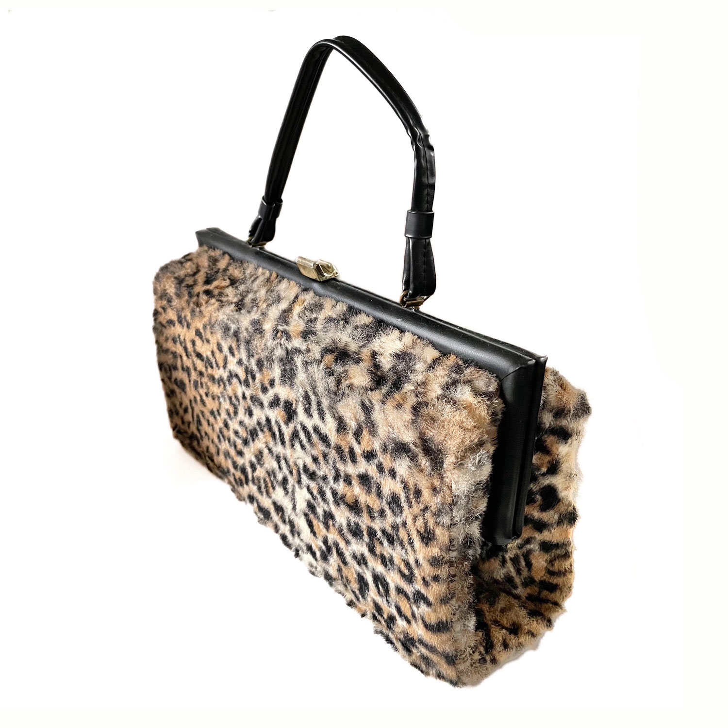 Faux leopard fur top handle purse