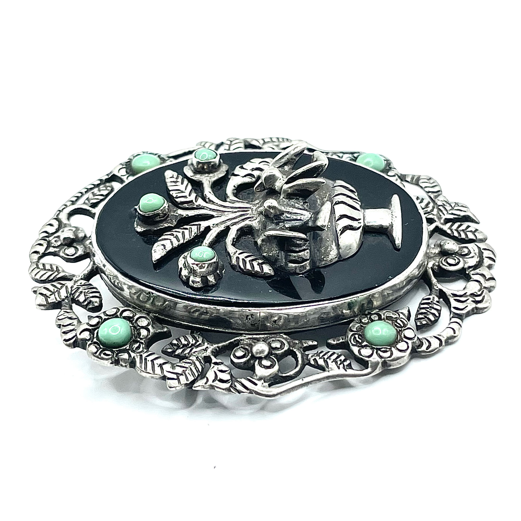 Mexican silver black onyx brooch