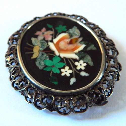 Italian pietra dura silver brooch