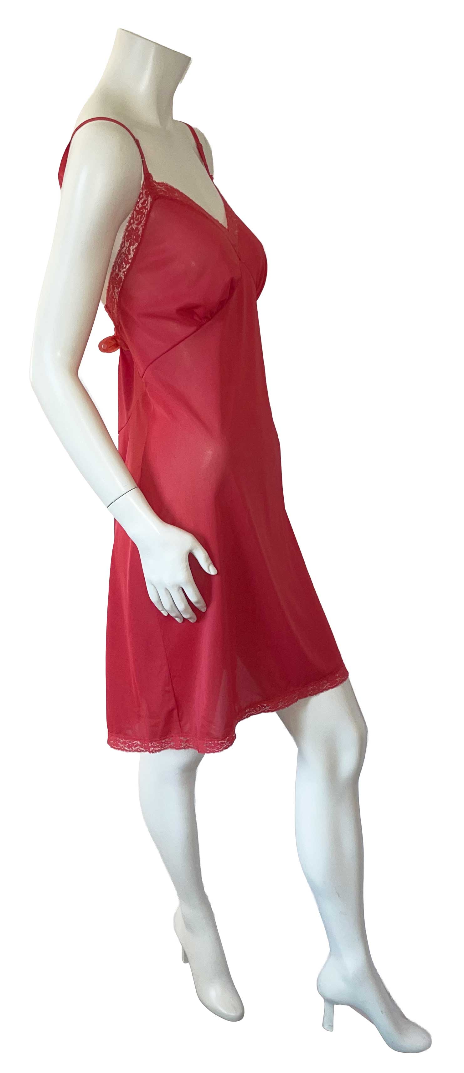 Vintage red nylon lace trimmed slip
