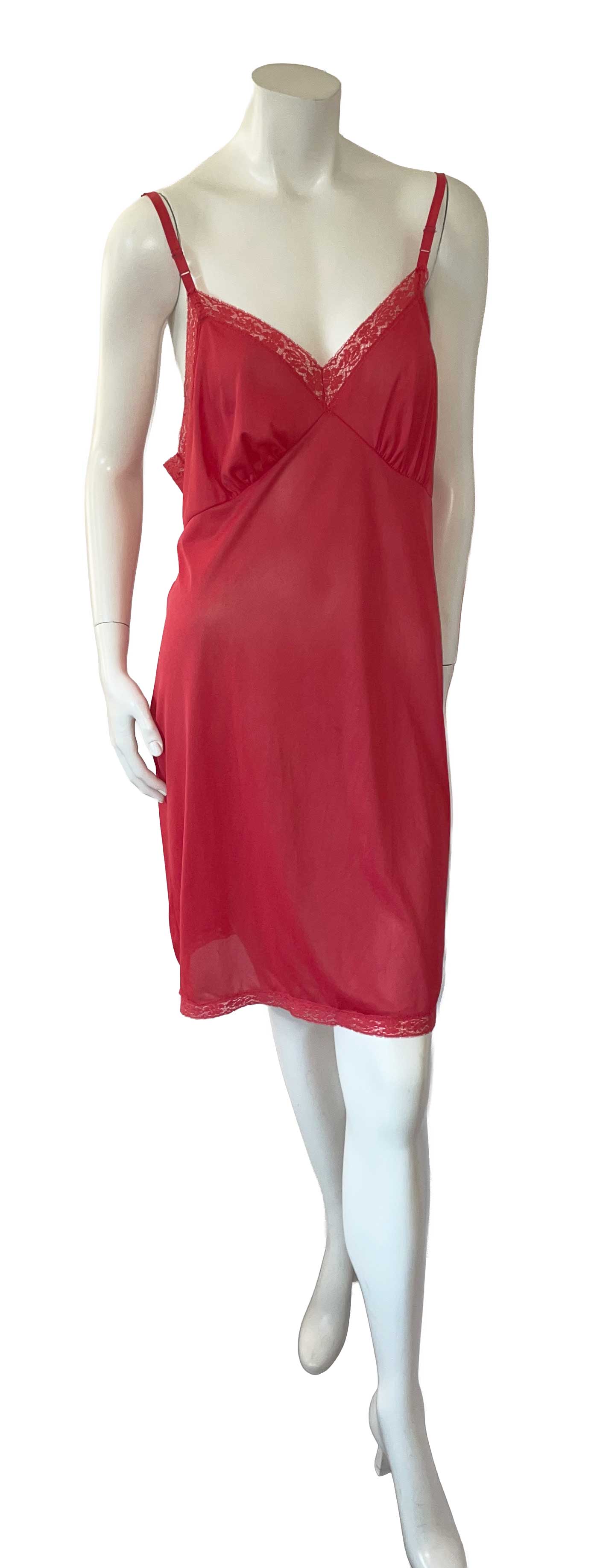 Vintage red nylon lace trimmed slip