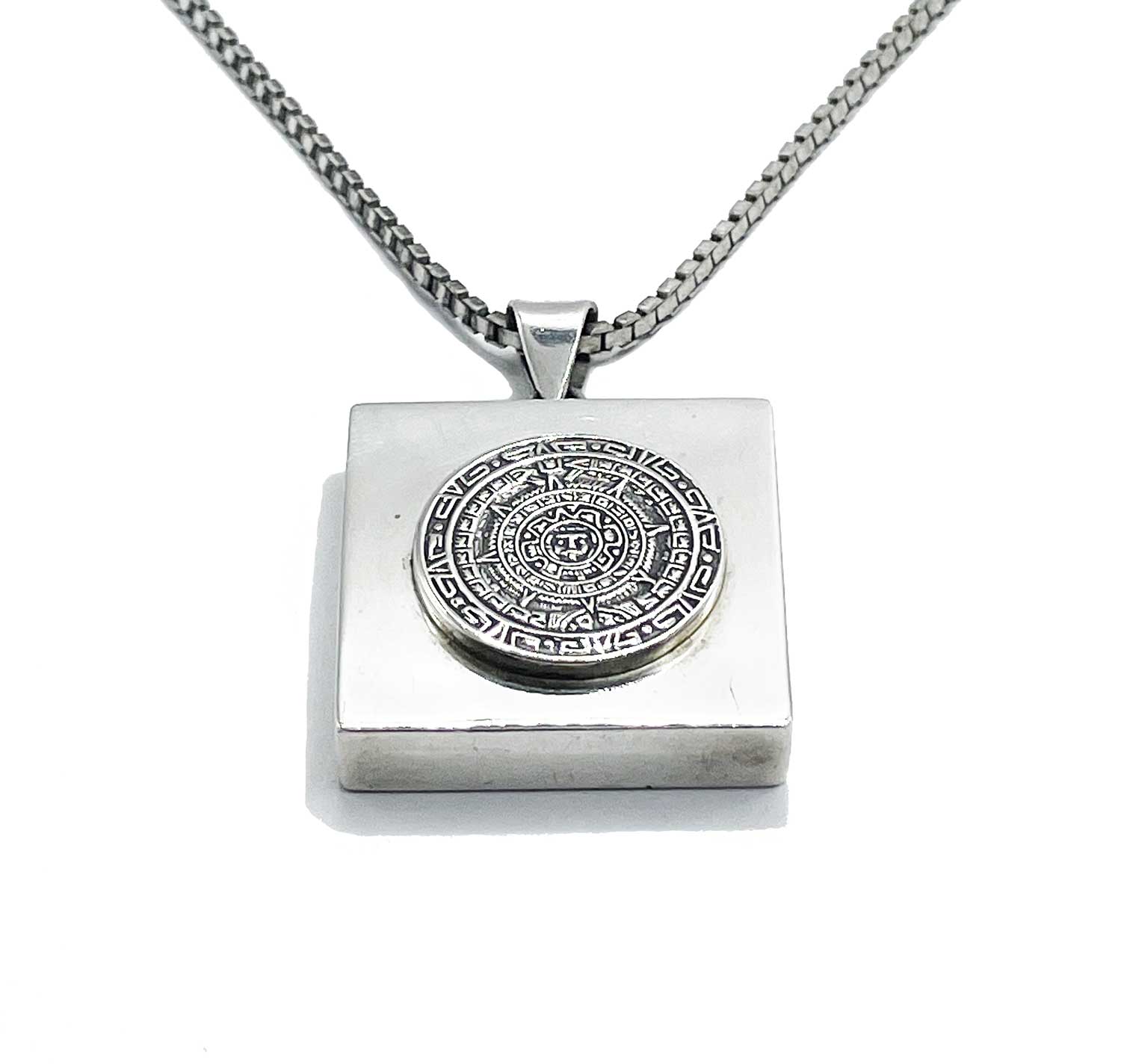 Mexican silver Aztec calendar pendant
