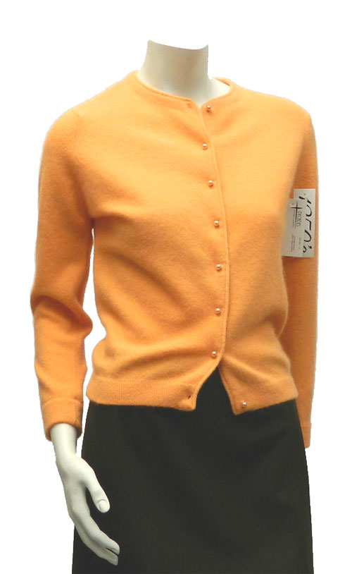 1950's orange Darlene lambswool sweater with faux pearl buttons